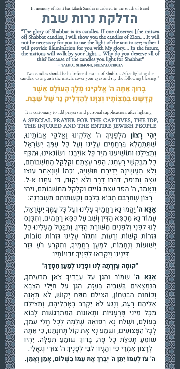 Special Candle Lighting Prayers for Israel Jofa