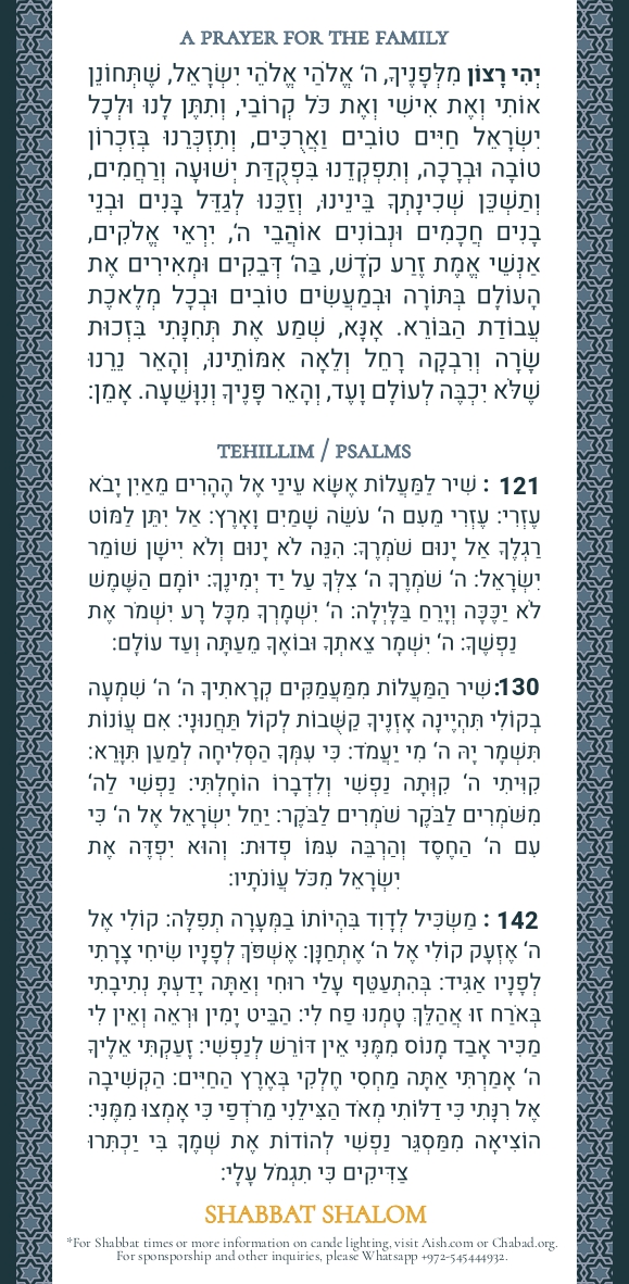 Special Candle Lighting Prayers for Israel Jofa